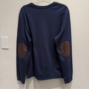 A.P.C. Navy Crewneck Sweatshirt w/ Brown Leather Elbow Patches Minimalist XL